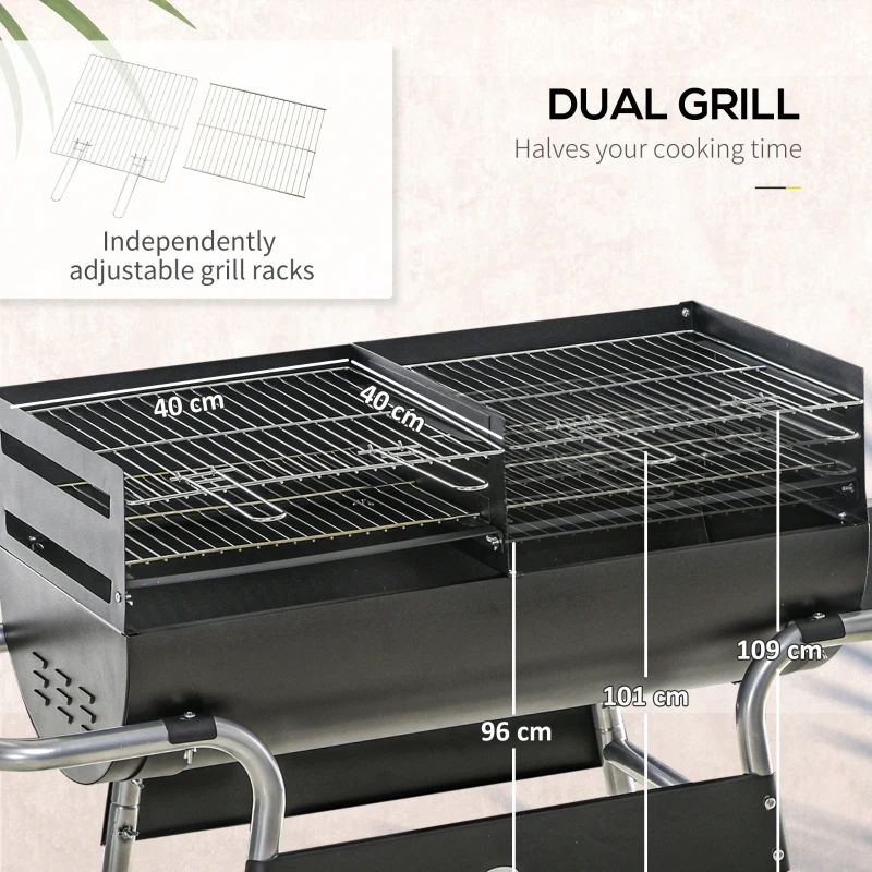 Outsunny Charcoal Barbecue Grill BBQ Trolley with Double Grill, Adjustable Grill Height, Side Table, Storage Shelf, and Wheels for Outdoor Cooking, 130 x 51 x 111cm, Black