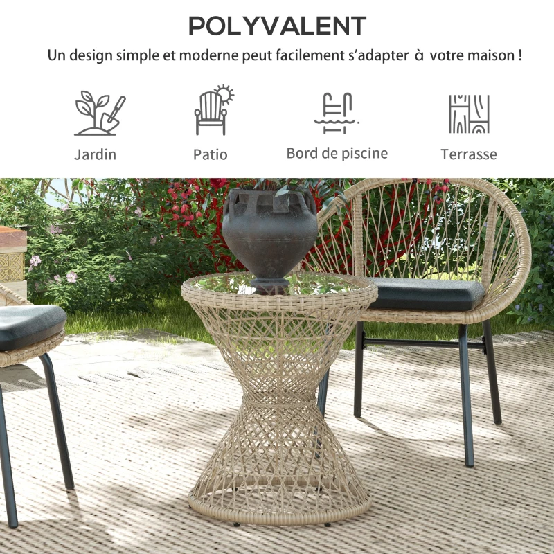Outsunny Table basse d'extérieur table de jardin style tambour plateau en verre trempé résine tressée imitation rotin marron