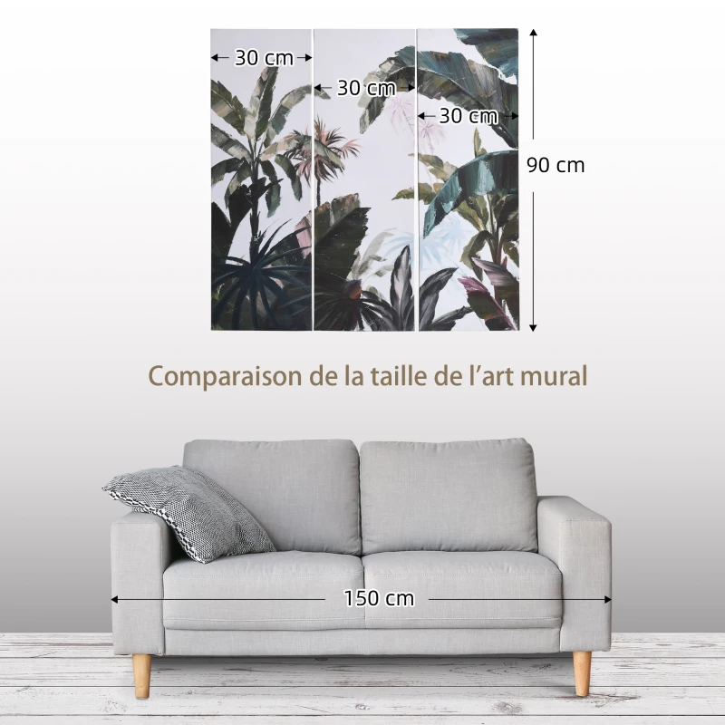 HOMCOM Tableau 3 parties sur toile triptyque - décoration murale - style jungle dim. 90L x 30l cm