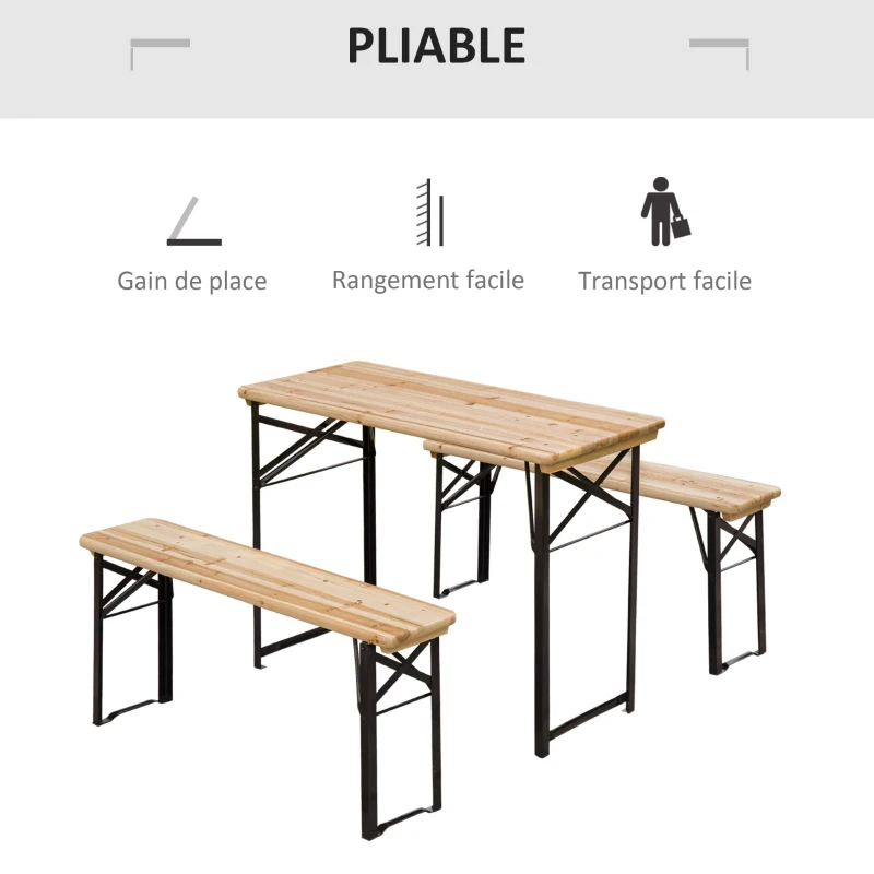 Outsunny Table de Camping Pique-Nique Pliable Portable + 2 bancs Pliables métal époxy Noir Bois Massif Sapin