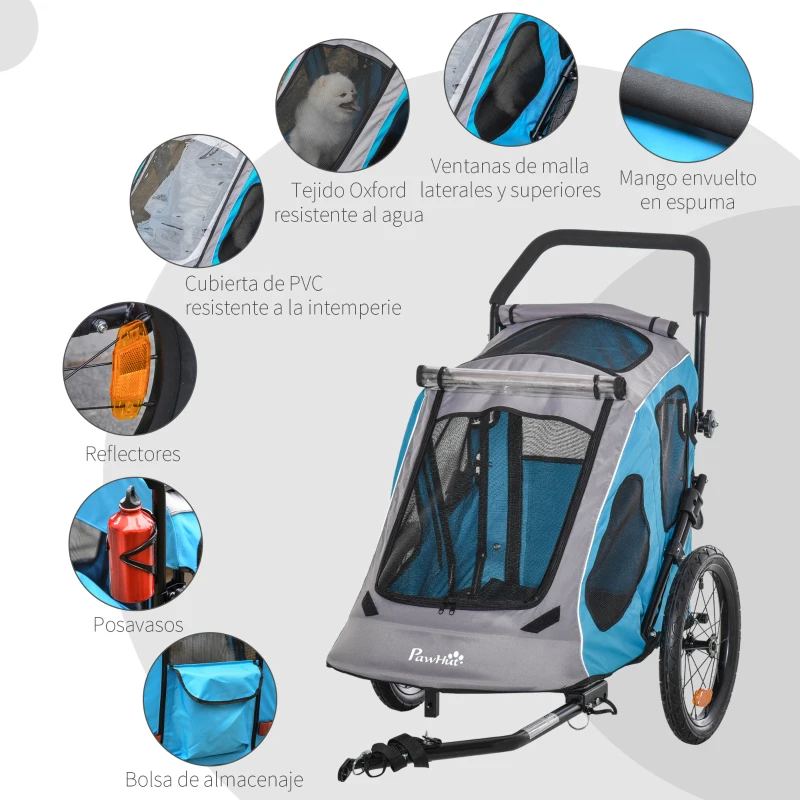 PawHut Cochecito para Perros Carro para Mascotas Plegable 2 en 1 con Manillar Rueda Delantera Giratoria 360° Enganche Retráctil Tela Oxford Carga 30 kg 140x71x105 cm Azul Gris