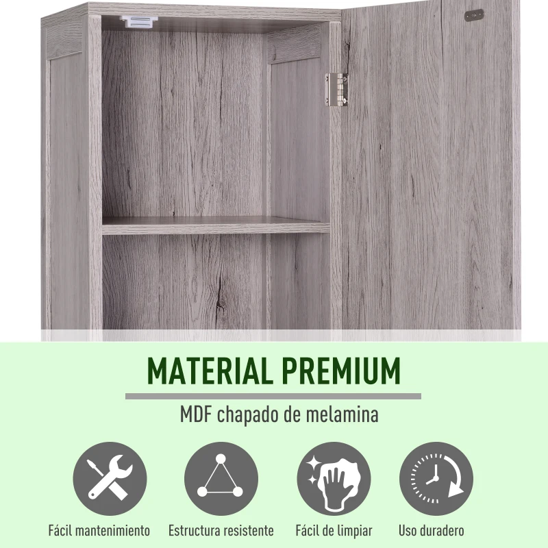 kleankin Columna de Baño Mueble Alto y Estrecho con Estantes Abiertos y 2 Armarios 30x32x172,5 cm Madera Grisácea