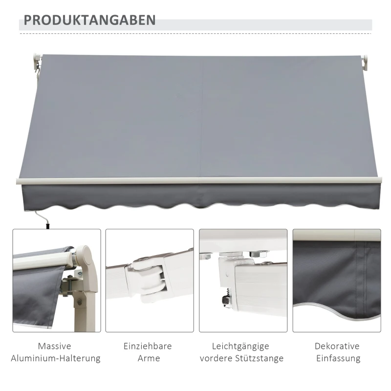 Outsunny Markise, 3,95 x 2,45 m, Sonnenschutz, einfahrbar, mit Handkurbel, Metallrahmen, Polyester, Grau/Weiß