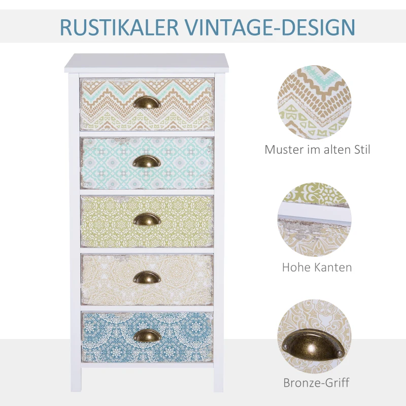 HOMCOM Kommode Schubladenkommode Schrank mit 5 Schubladen Shabby Chic Holz Bunt B46 x T34 x H97,5cm