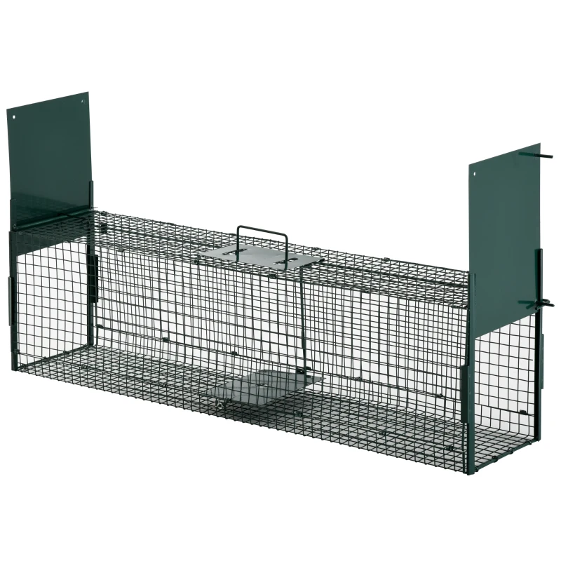PawHut Trampa para Animales Vivos Jaula de Captura Metálica con 2 Puertas Asa para Conejos Visones Zorros Pequeños 100x25x28 cm Verde Oscuro