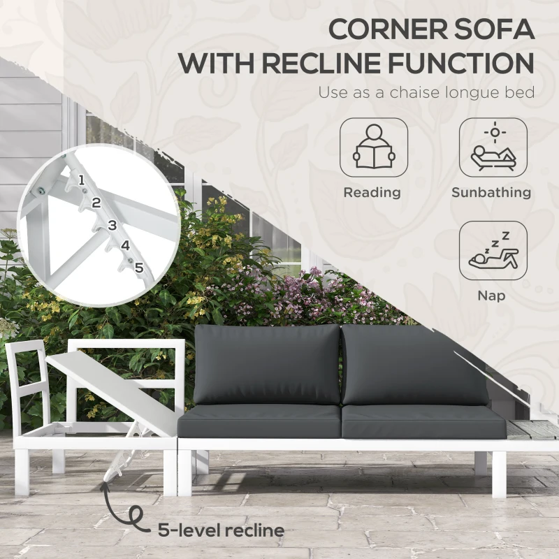 Outsunny 4 Pieces Garden Furniture Set, 5-Level Reclining Garden Corner Sofa Set, Outdoor Lounge Conversation Sectional with Cushions, Wood Effect Plastic Table, White Frame & Grey Cushion