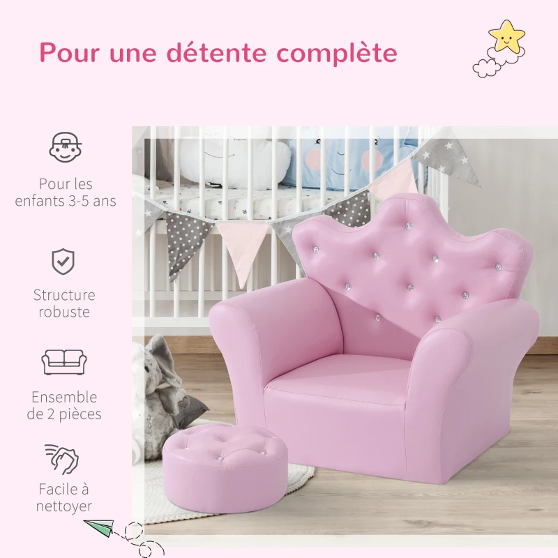 HOMCOM Ensemble Fauteuil et Pouf Enfant Design Couronne de Princesse - Dossier et Assise Pouf avec Boutons Strass Aspect Cristaux - Structure Bois revêtement synthétique PVC Rose