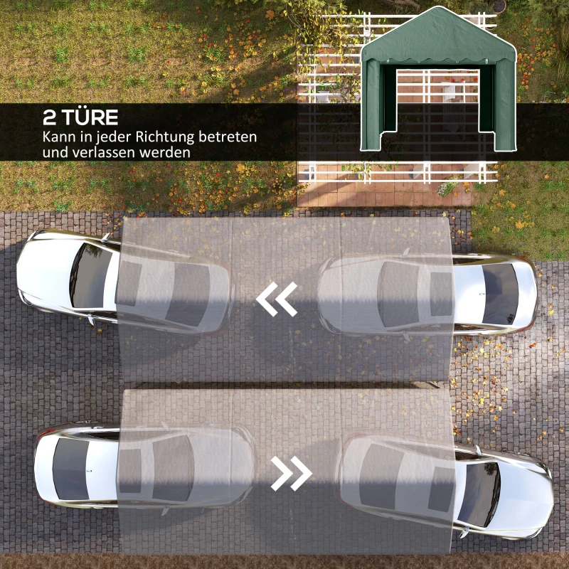 Outsunny 3x6 m Tragbarer Carport, Fahrzeugunterstand mit 2 Eingängen, Polyesterdach, für Autos, Boote, Gartengeräte, Dunkelgrün(m-6)
