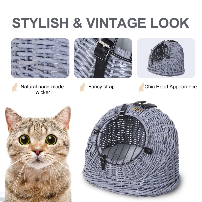 PawHut Cestino per Gatti Fino 5Kg in Vimini, Trasportini Gatti Vimini, Naturale Grigio con Cuscino Incluso (47cm x 35cm x 35cm)