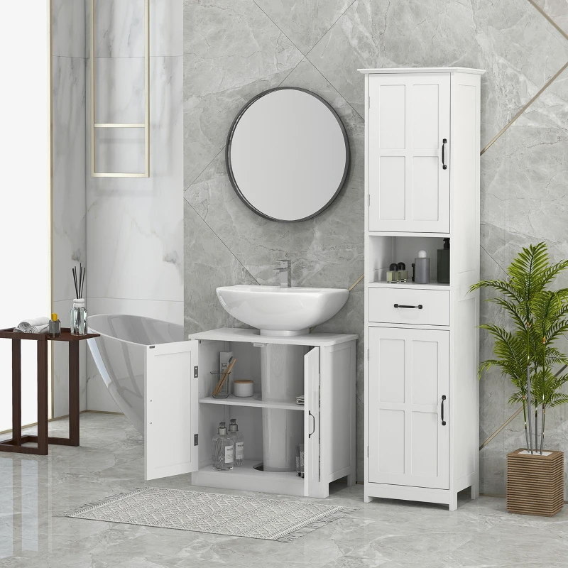 kleankin Armario de Baño Bajo Lavabo con Puerta Doble y Estante Ajustable Carga 20 kg 60x30x60 cm Blanco