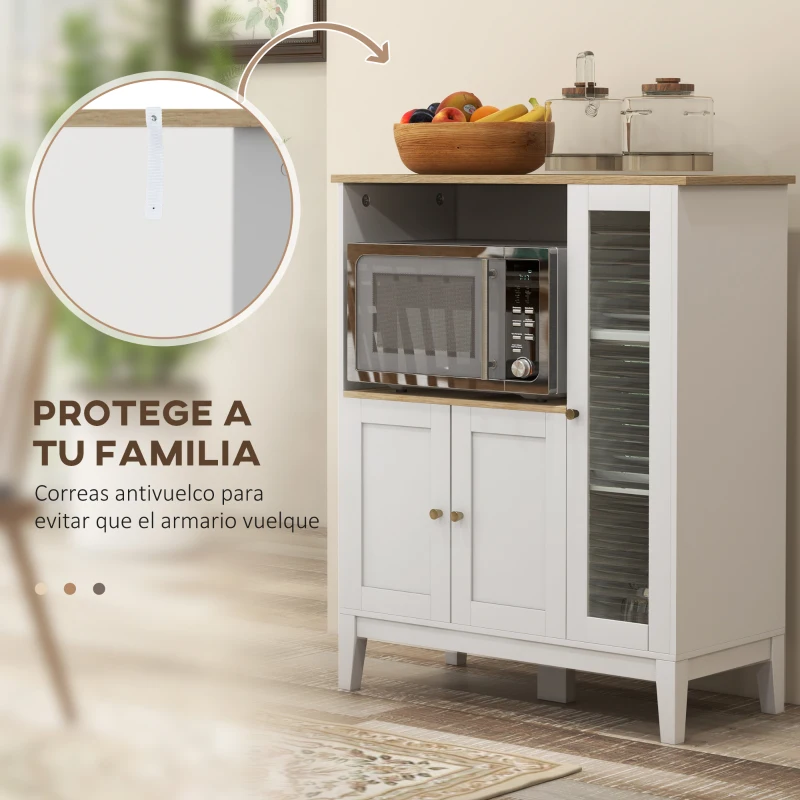 HOMCOM Mueble Auxiliar de Cocina Moderno con Estantes 3 Puertas y Sistema Anti-vuelco 80x35x97 cm Blanco(m-7)