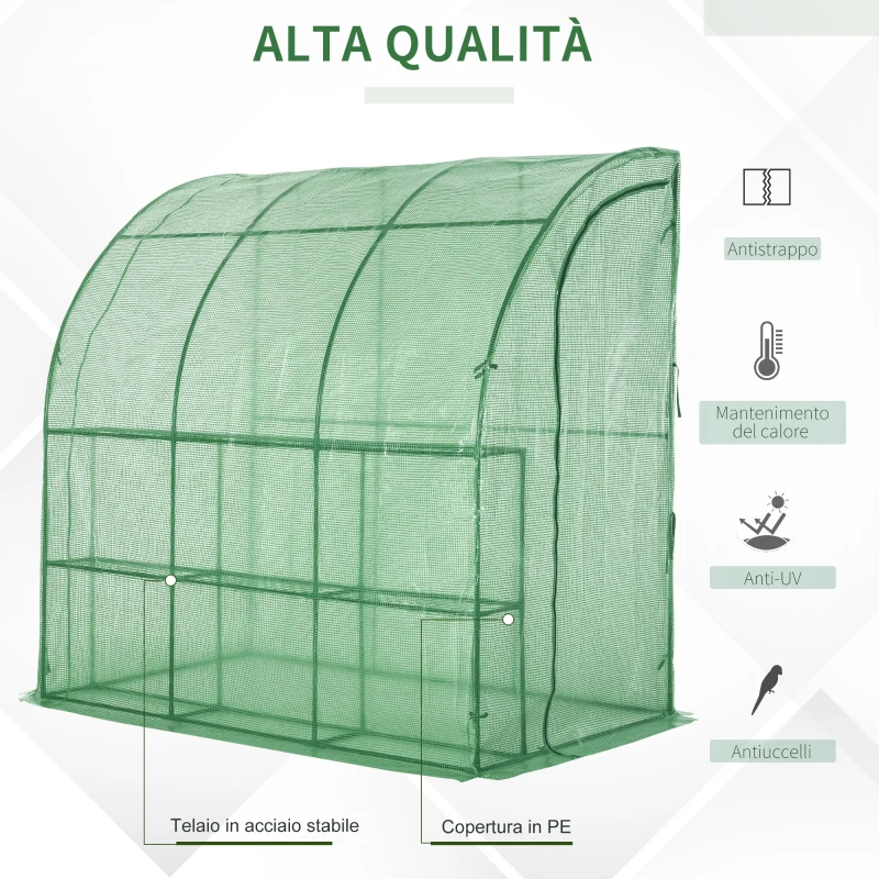 Outsunny Serra da Parete con 2 Ripiani per Piante e Fiori in Acciaio e PE, 214x120x215 cm, Verde