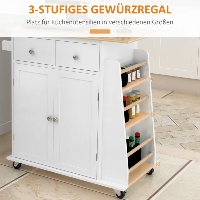 HOMCOM Küchenwagen mit Rollen, Rollwagen mit Seitenregal Küchentrolley, Servierwagen mit Gewürzregal, Küchenhilfe, P2 MDF, Gummiholz, Weiß+Natur, 89 x 45 x 89,5 cm