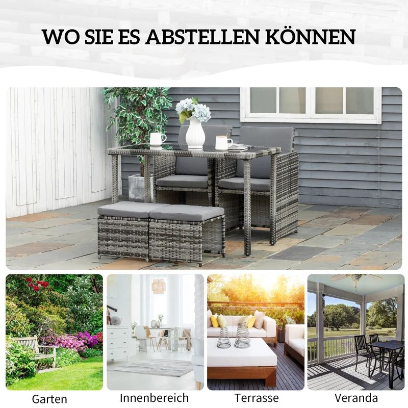 Outsunny Polyrattan Sitzgruppe für 4 Personen Essgruppe Gartenset Garnitur mit Kissen, Grau