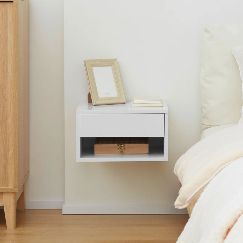 HOMCOM Juego de 2 Mesitas de Noche Colgantes Mesillas de Noche con Cajón para Dormitorio 37x32x21 cm Blanco