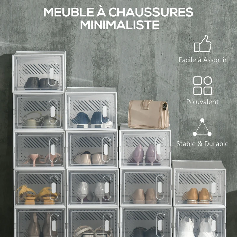 HOMCOM Lot de 18 boites cubes rangement à chaussures modulable avec portes transparentes - 25 x 35 x 19 cm