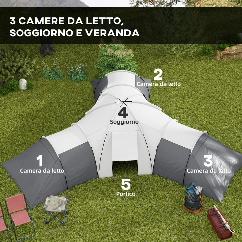 Outsunny Tenda da Campeggio 6 Posti Impermeabile con 3 Aree Notte, Soggiorno e Portico, in tessuto Oxford, Grigio