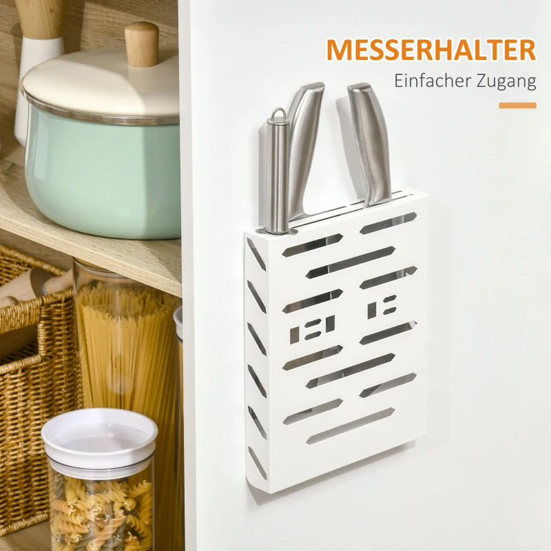 HOMCOM Kücheninsel mit 2 Klapptischen, 3 Regalen, Messerhalter, 140 cm x 55 cm x 91 cm, Weiß + Natur