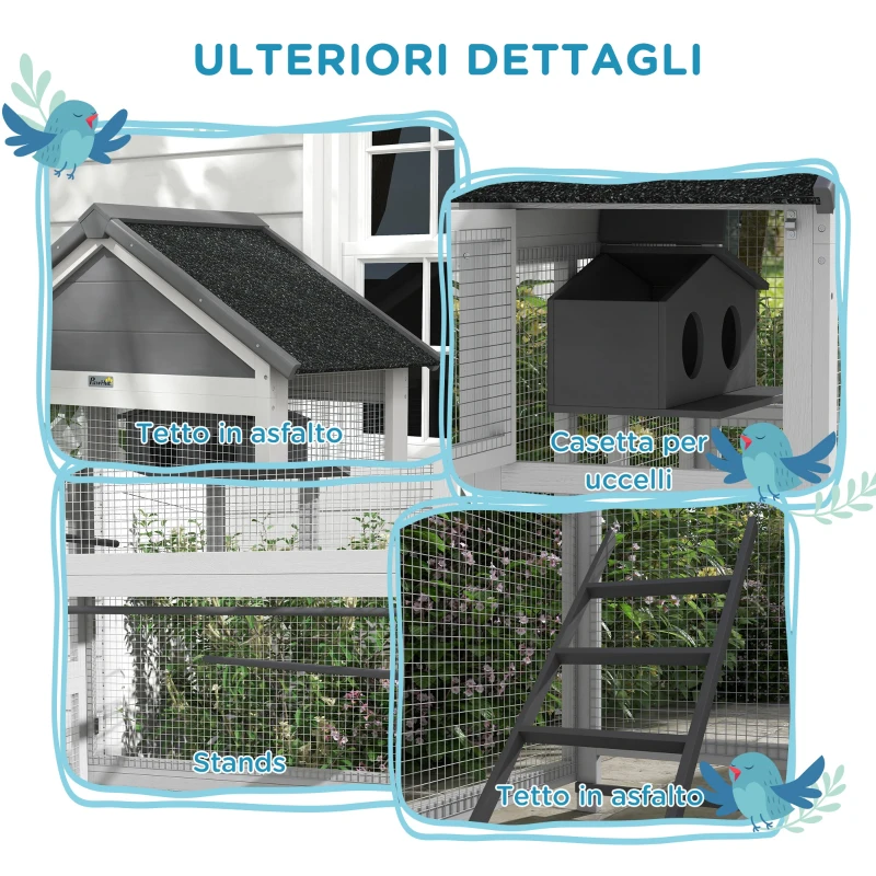 PawHut Voliera per Uccellini a 3 Porte con Casetta e Vassoio, in Legno e Metallo, 92x52x171 cm, Grigia e Nera