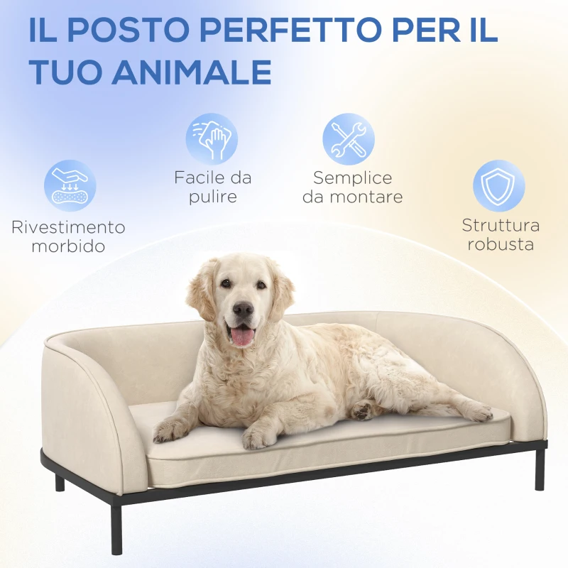 PawHut Divano per Cani Taglia Media e Grande con Cuscino Rimovibile e Sfoderabile Vellutato, Crema