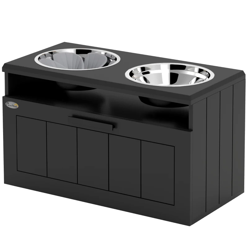 PawHut Raised Dog Bowl with Slow Feeder, Two Stainless Steel Dog Bowls, Drawer, for Large and Extra Large Dogs, Black