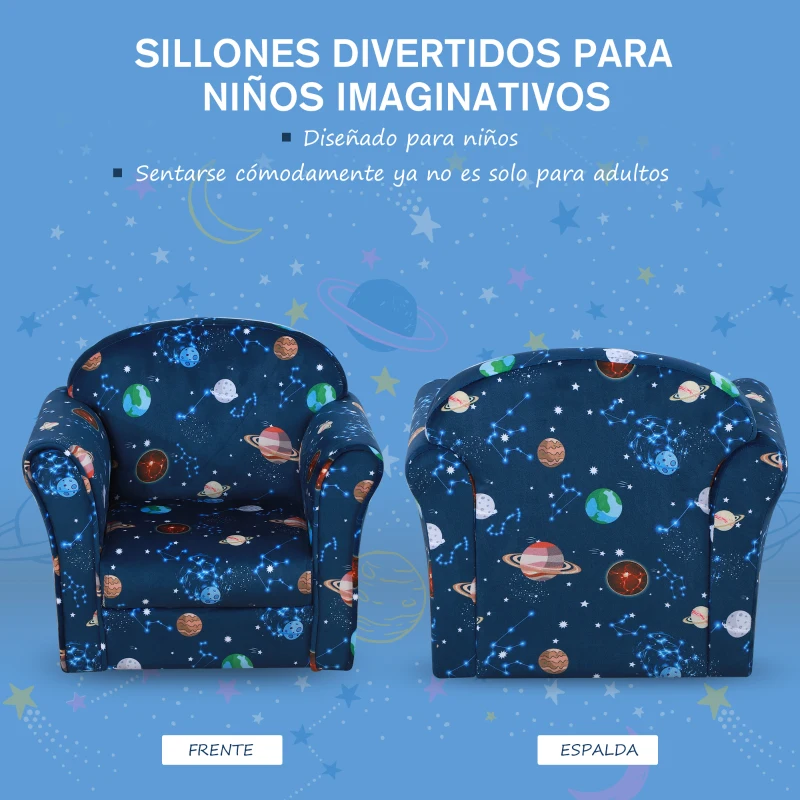 HOMCOM Sillón Infantil Bonito Mini Sofá para Niños Mayores de 12 Meses Ergonómico Patas Antideslizantes Asiento Acolchado Grueso 50x39x44 cm Azul
