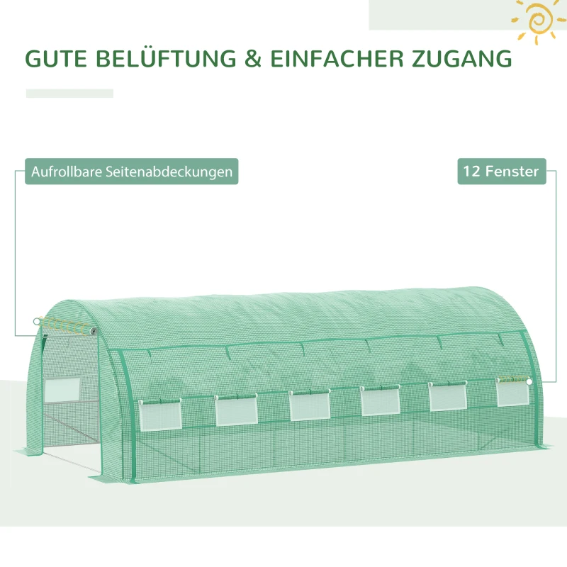 Outsunny Foliengewächshaus Polytunnel 6 x 3 x 2 m begehbares Gewächshaus mit aufrollbar Abdeckungen Folientunnel Treibhaus UV-Schutz Stahlrohr Grün