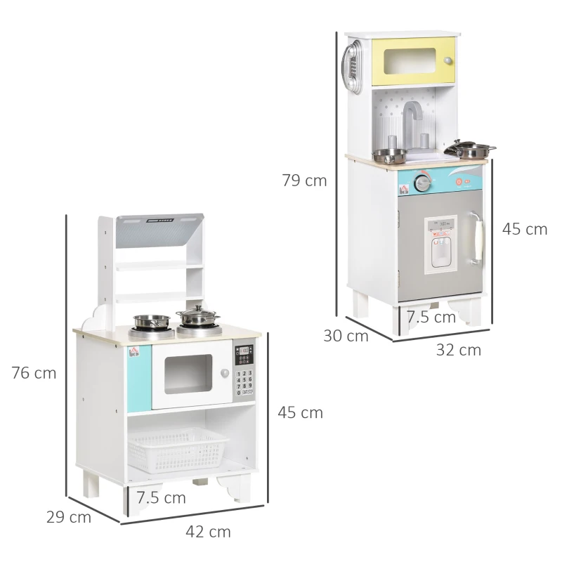 HOMCOM Two Kids Wooden Toy Kitchen Play Cooking Set Pretend Role Playset, with Sink Faucet, Cooking Bench, Telephone, Pots, for 3-6 Years