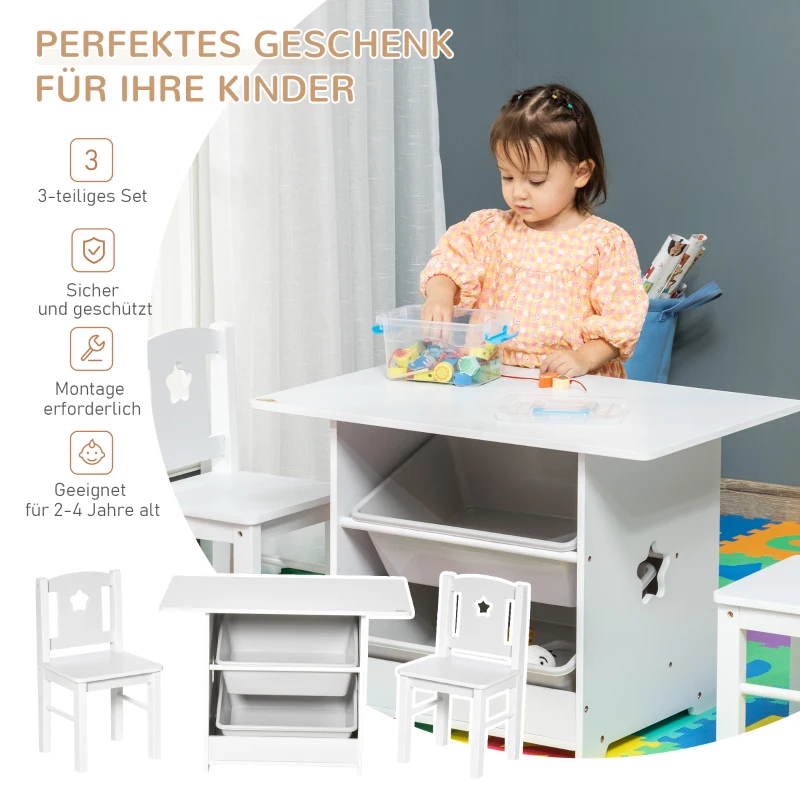 HOMCOM 3-tlg. Kindersitzgruppe mit 1 Kindertisch 2 Stühle Sitzgruppe mit Stauraum Kindermöbel für Kleinkind ab 2 Jahre Weiß+Grau 71 x 48 x 49,5 cm