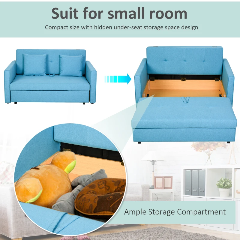 HOMCOM 2 Seater Sofa Bed with Hidden Storage, Pull Out Convertible Bed Settee, Modern Linen Loveseat Sofa Sleeper with 2 Cushions for Living Room, Guest Room, Blue