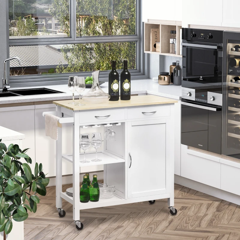 HOMCOM Kitchen Storage Trolley Cart Cupboard Rolling Wheels Shelves Cabinet Island W/ Drawers Towel Rail Wine Glass Rack Pine Wood Worktop  White