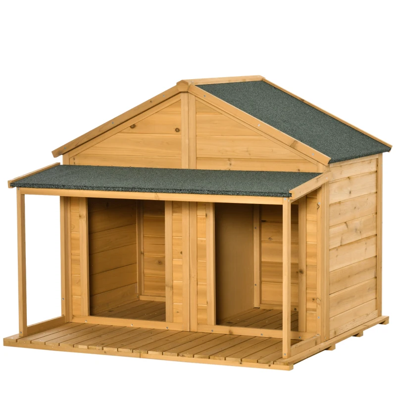 PawHut Hundehütte aus Massivholz isoliertes Hundehaus mit 2 Räume Asphaltdach Outdoor Hütte mit Terrasse Gelb+Grün 127 x 110 x 109 cm