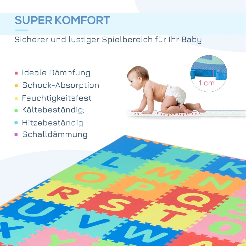 HOMCOM 60-teilige Kinder Puzzlematte Spielmatte mit 36 Matten, 24 Seitenmatten, Kinderspielteppich Spielteppich für Baby & Kinder mit Buchstaben und Zahlen EVA mehrfarbig 31,5 x 31,5 cm