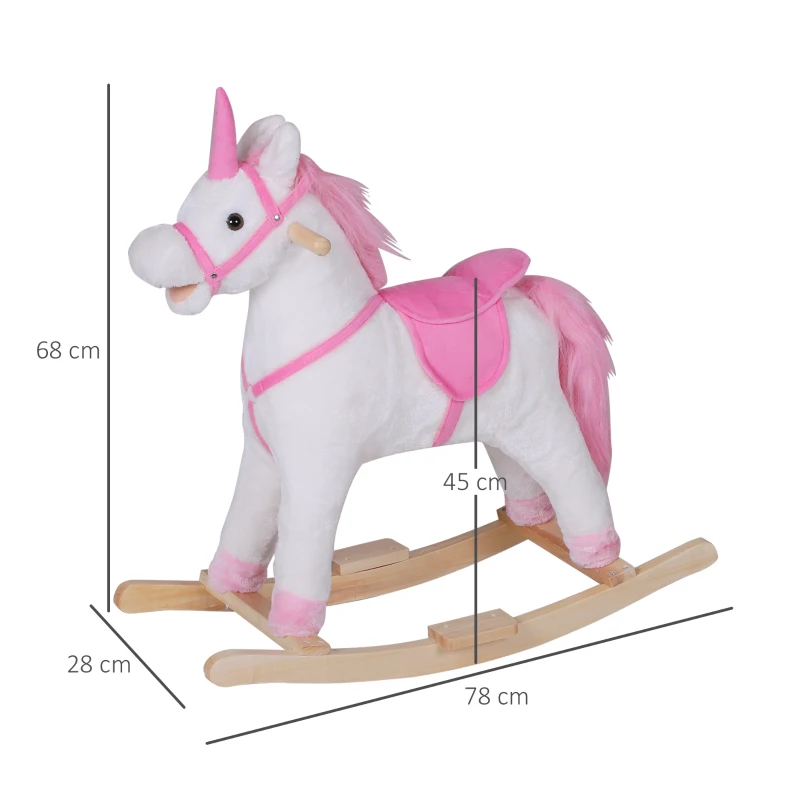 HOMCOM Cavallo a Dondolo in Legno Unicorno Giocattolo Cavalcabile Bambini Peluche 78 × 28 × 68cm Rosa