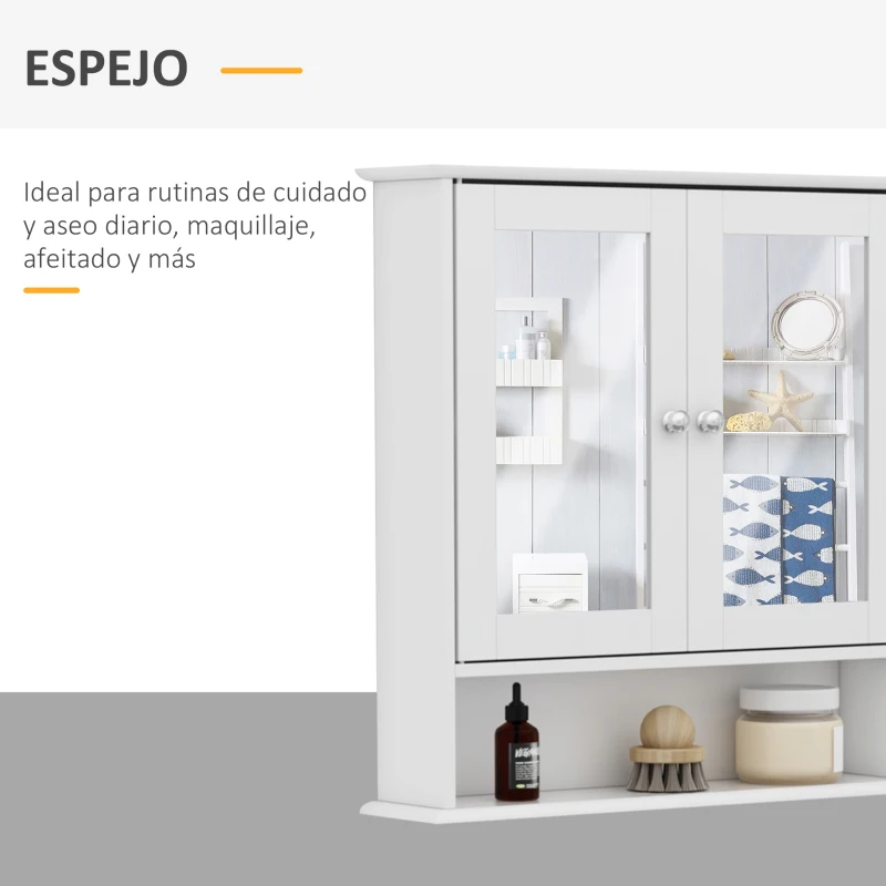 kleankin Armario de Baño con Espejo de Pared con 2 Puertas Armario de 3 Niveles para Almacenamiento Armario de Pared para Cocina Baño Salón Tablero de MDF Fuerte y Fácil de Limpiar Blanco 56x13x58cm