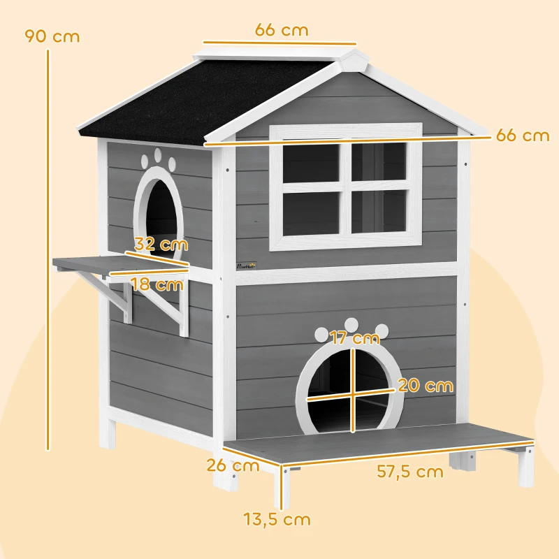 PawHut Outdoor-Katzenhaus mit wetterfestem Dach, Fenster, Balkon, herausnehmbarem Boden, 2 Ebenen, für 1-2 Katzen, Grau(m-3)