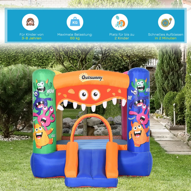 Outsunny Selbstaufblasende Hüpfburg, mit Gebläse, Flicken, Befestigungsmaterial, 250 cm x 180 cm x 175 cm, Mehrfarbig