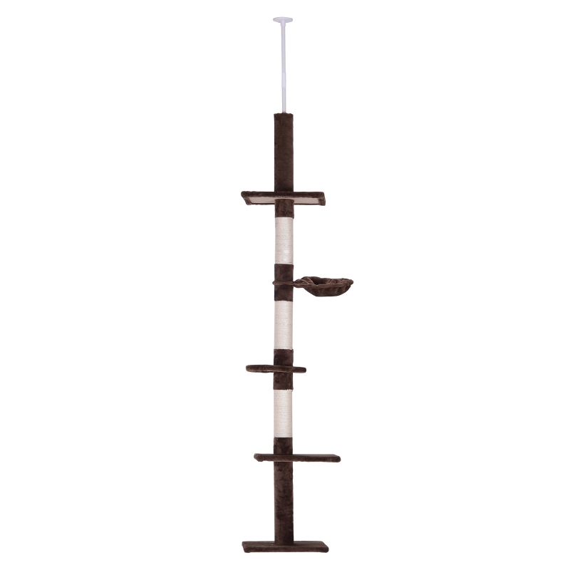 PawHut Floor to Ceiling Cat Tree Height Adjustable 230-260cm, 5-Tier Cat Tower with Scratching Post, Hammock, Perches, Climbing Activity Centre for Indoor Kittens, Brown