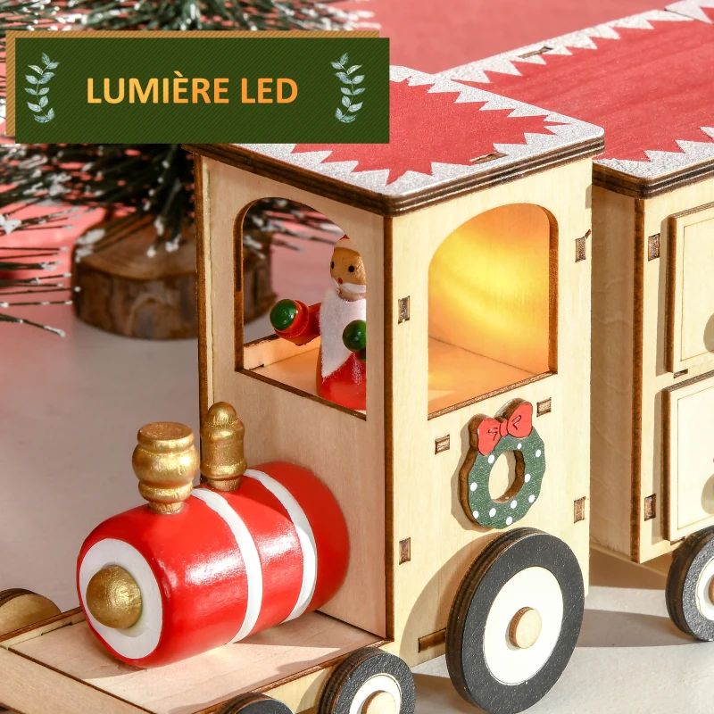 HOMCOM Calendrier de l'avent LED en forme de train en bois Décoration de Noël Train miniature sur table- 1 lumière avec 24 tiroirs 40 x 8 x 11 cm