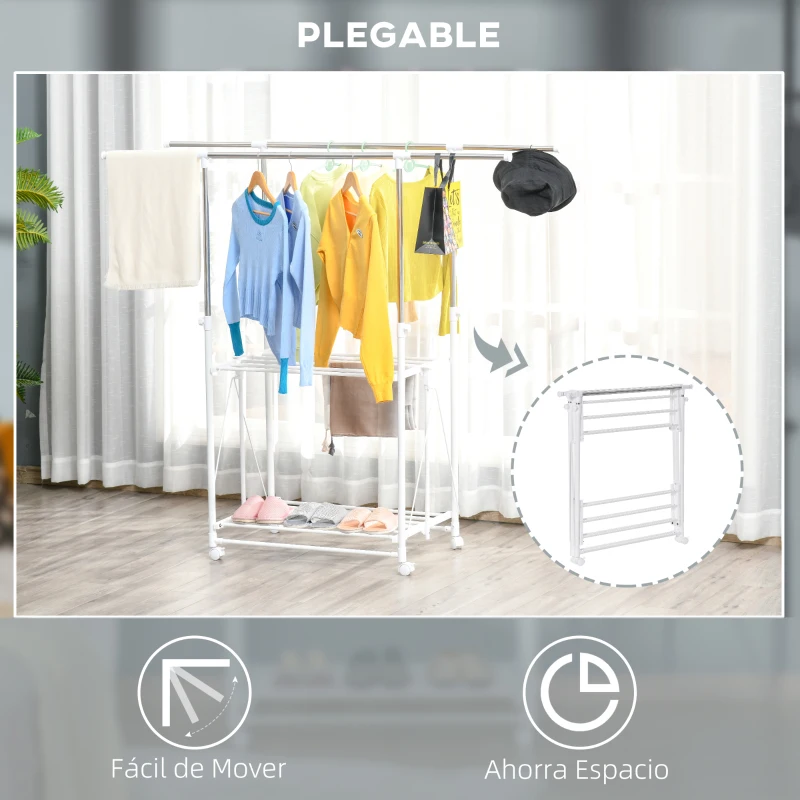 HOMCOM Perchero Plegable para Ropa con Ruedas Barras para Colgar Extensibles Altura Ajustable y 2 Estantes Tendedero de Ropa Tipo Torre 88-157x50x95-160 cm Blanco