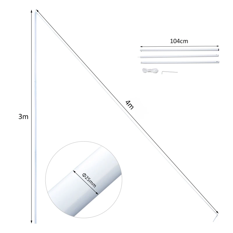 Outsunny Set Palo per Tenda a Vela con Picchetti di Fissaggio e Corda Φ25mm × 3m Bianco