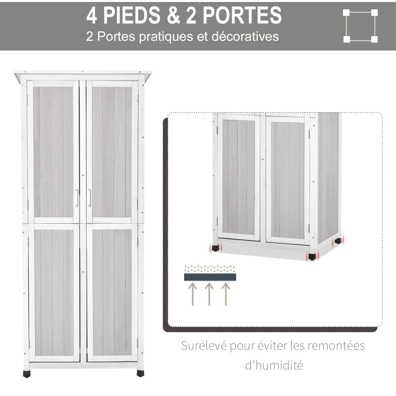 Outsunny Abri de Jardin Armoire de Jardin sur Pied dim. 77L x 58l x 175H cm 2 étagères 2 Portes 3 Crochets Toit bitumé étanche Bois sapin pré-huilé Gris Blanc