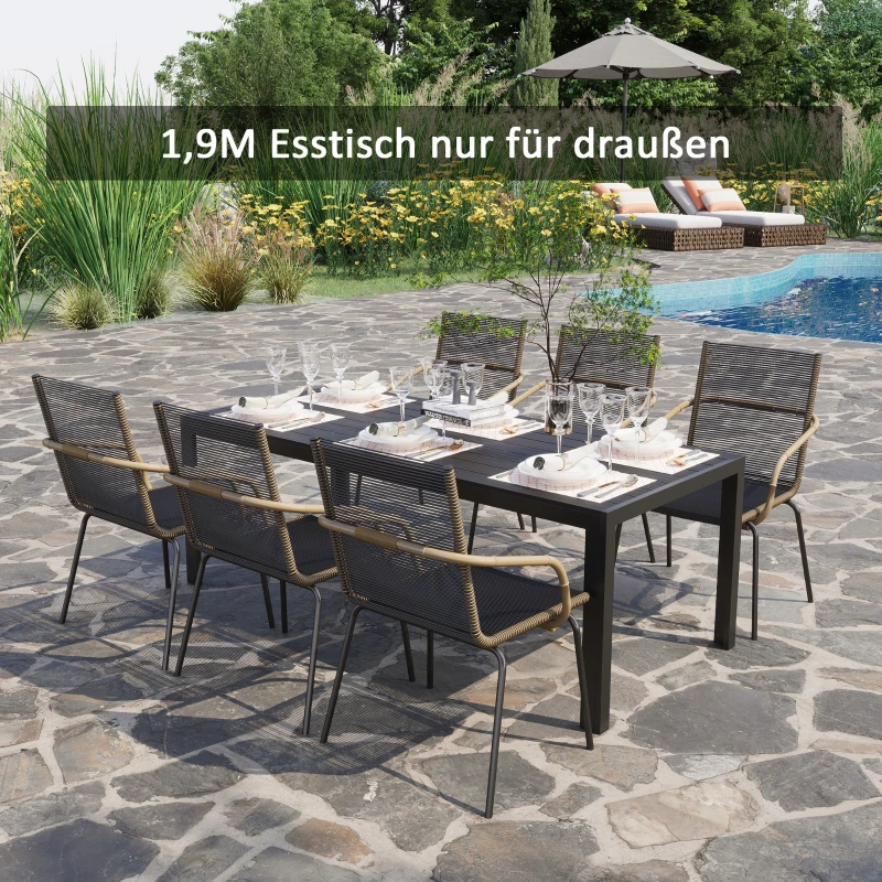 Outsunny Gartentisch Kunststoff 190 x 84,5 x 72 cm Wetterfest, Holz Optik, Holzstrukur, rutschfest Buffettisch Campingtisch Balkontisch Terrassentisch Outdoor Esstisch für Garten, Balkon Schwarz