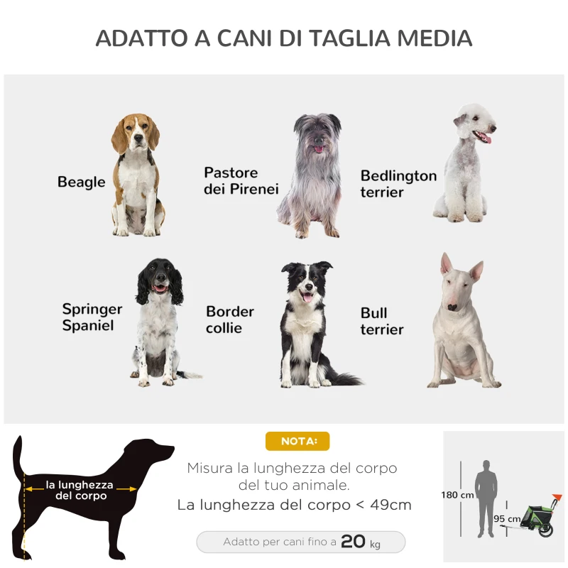 PawHut Rimorchio Bici e Passeggino per Cani 2 in 1 Pieghevole con Catarifrangenti e Bandierina, Verde