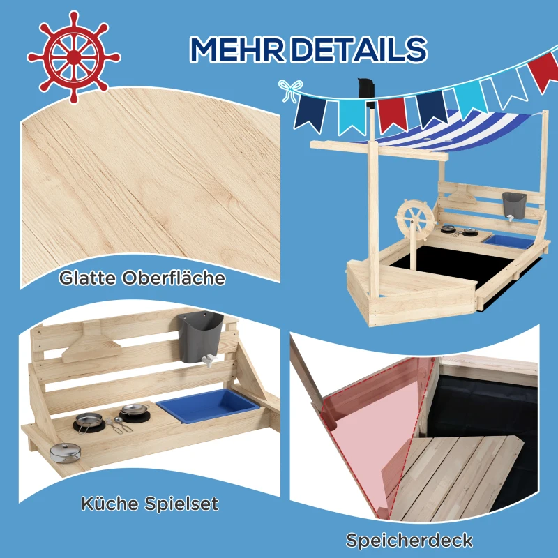 Outsunny Sandkasten mit Sonnendach Piratenschiff, inkl. Kinderküchenspielset, Massivholz, 180 x 103 x 144,5 cm, Natur + Blau(m-7)