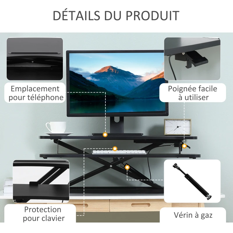 Vinsetto Convertisseur bureau assis debout poste de travail réglable en hauteur - support ordinateur avec plateau clavier noir