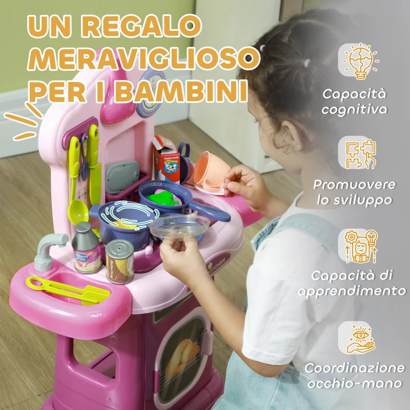 AIYAPLAY Cucina Giocattolo per Bambini 3-6 Anni con 38 Accessori e Suoni Realistici, in PP e ABS, 51x21x60 cm, Rosa
