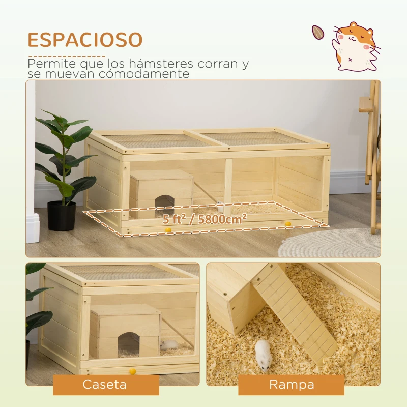 PawHut Jaula para Hámster de Madera con Techo Abatible Panel de Acrílico Bandeja Extraíble y Cabaña 100x58x38 cm Natural