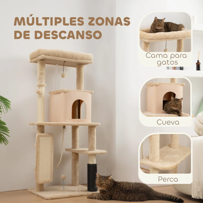 PawHut Árbol Rascador para Gatos 132 cm con Plataformas Poste con Cepillo Bolas Colgantes y Almohadilla para Rascar Beige
