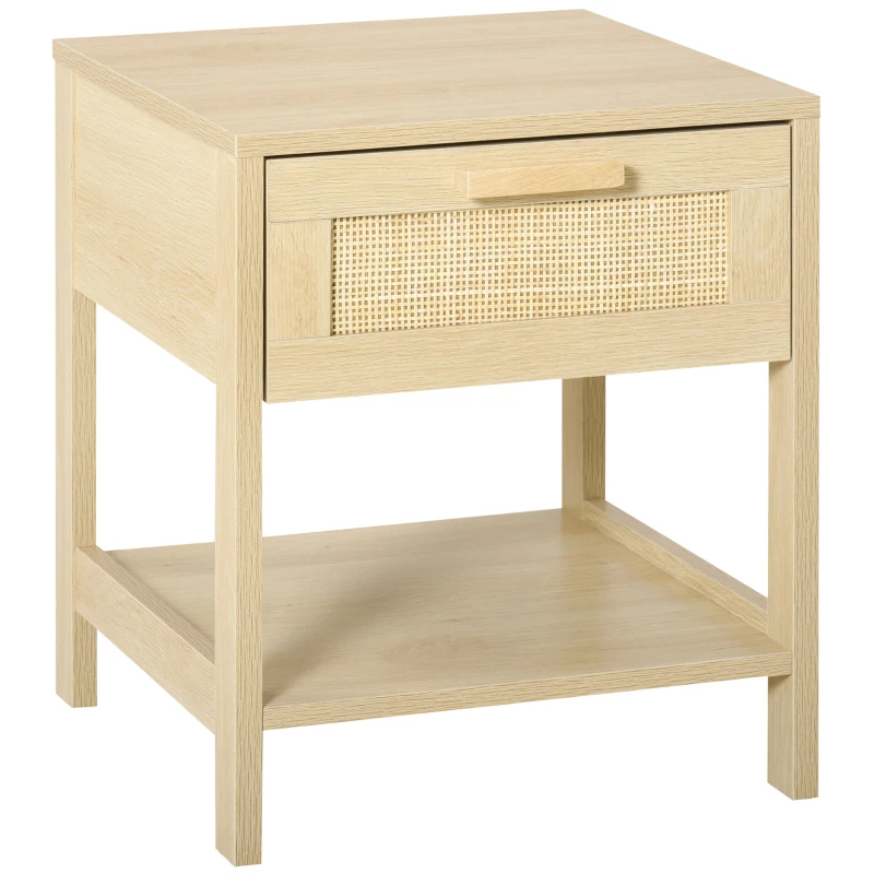 HOMCOM Mesita de Noche Mesilla de Noche con Cajón de Ratán y Estante Inferior Carga 40 kg para Dormitorio Sala 40x40x48 cm Natural